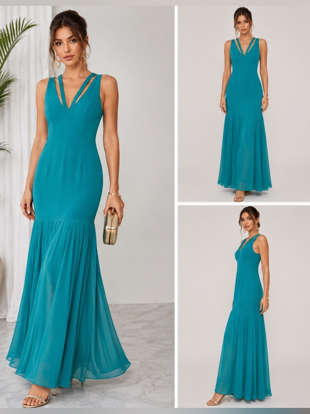 BCBGMAXAZRIA Teal Sleeveless Drop Waist Maxi Dress Size 4 Chiffon Hem Evening